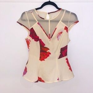 Guess floral peplum blouse cape sleeves rose print mesh V neck Size XS